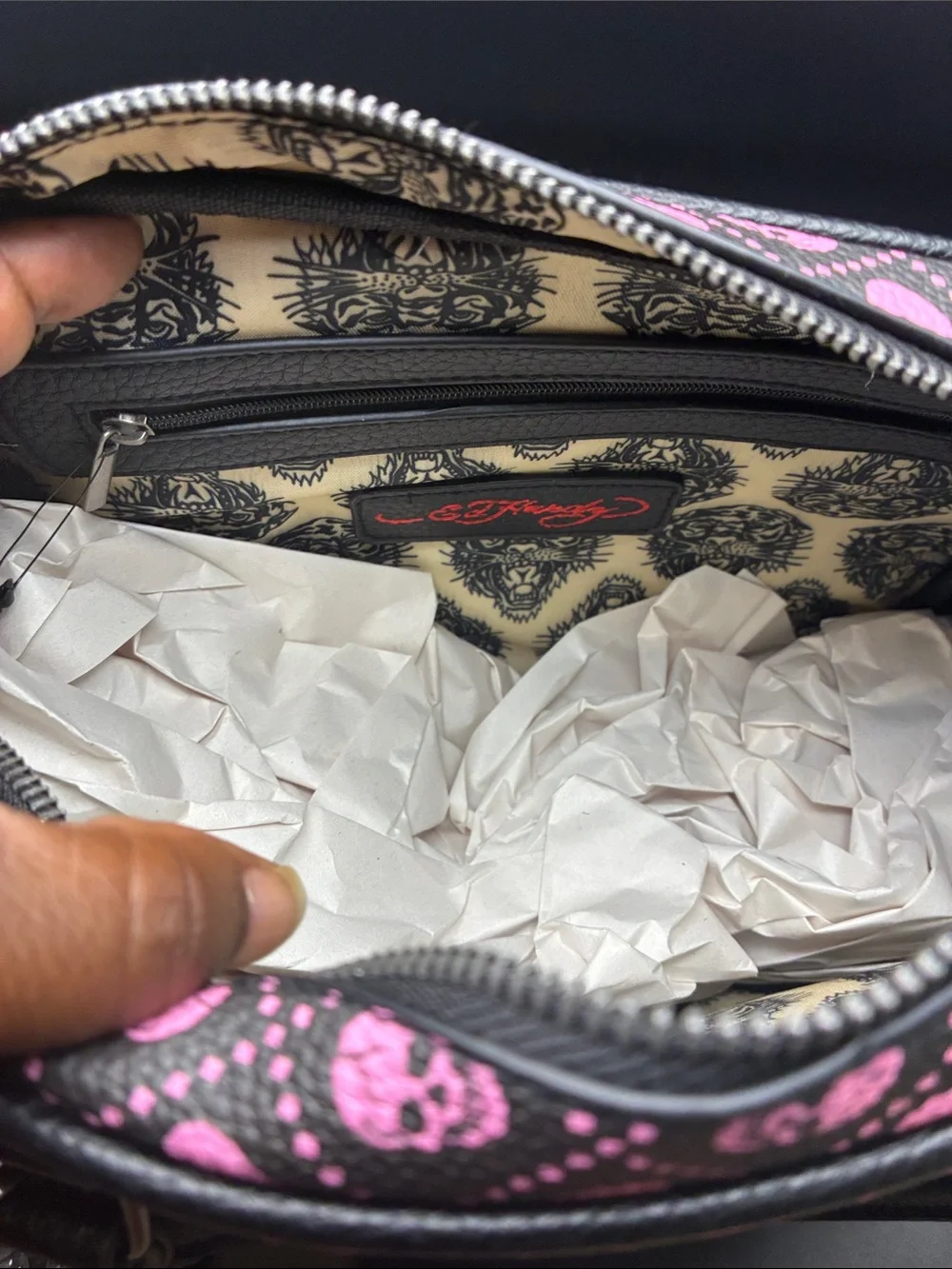Ed Hardy Black and Pink Skull Heart Satchel with Chain Accent